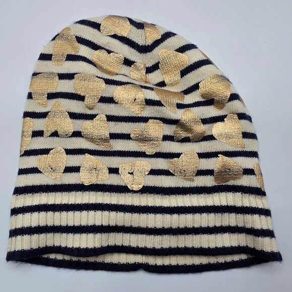 Crewcuts Girls L/XL Black Gold Striped Beanie Hat With Heart Accents Winter Warm - Picture 1 of 6